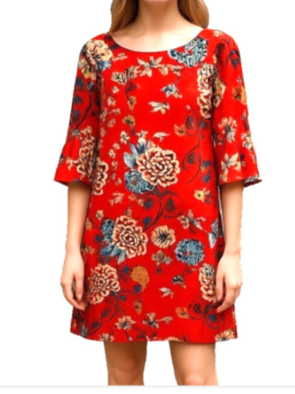 Jessica Howard Women's Dress Size 6 Red Floral Shift 3/4 Bell Sleeve NWT